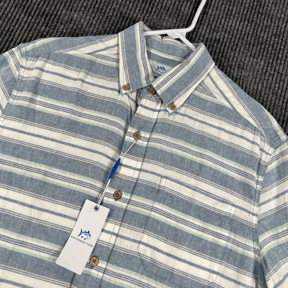 Southern Tide Shirt Mens Small Blue Striped Short Sleeve Button Up Linen Blend
